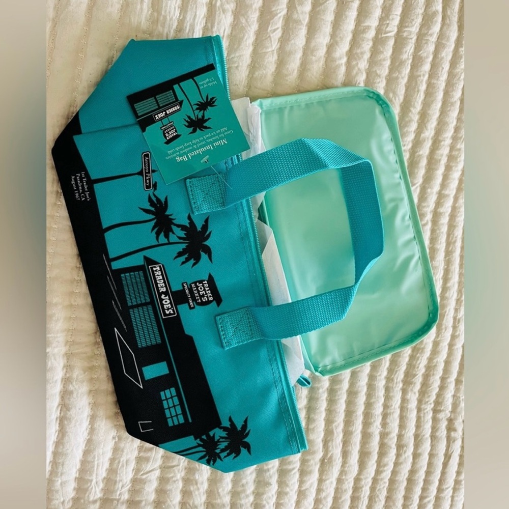 Teal and Black mini cooler with Palm Tree Design Trader Joe’s